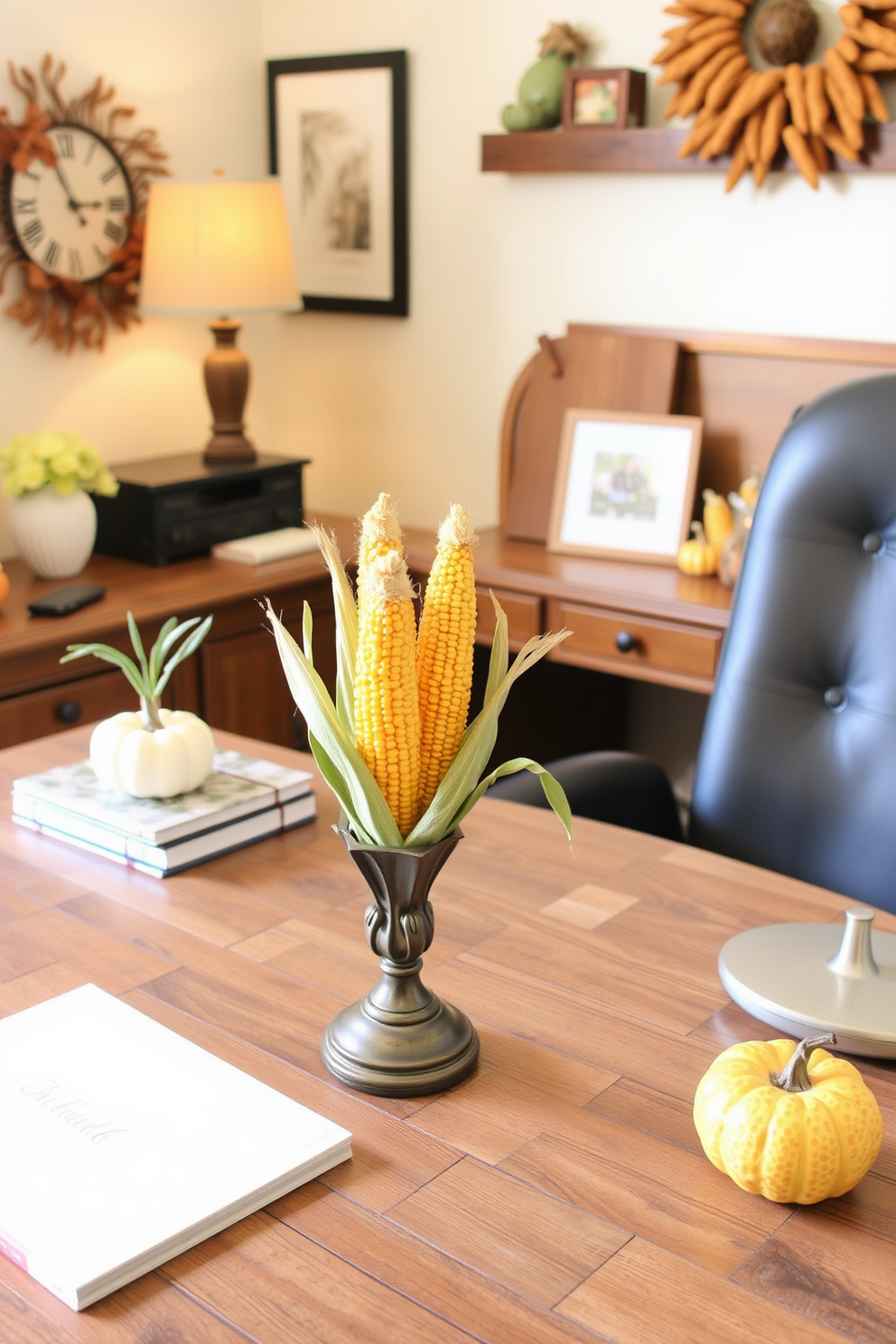 A cozy fall home office setting featuring miniature corn stalks as decor. The desk is adorned with a rustic wooden finish and surrounded by warm-toned accents, creating an inviting atmosphere.