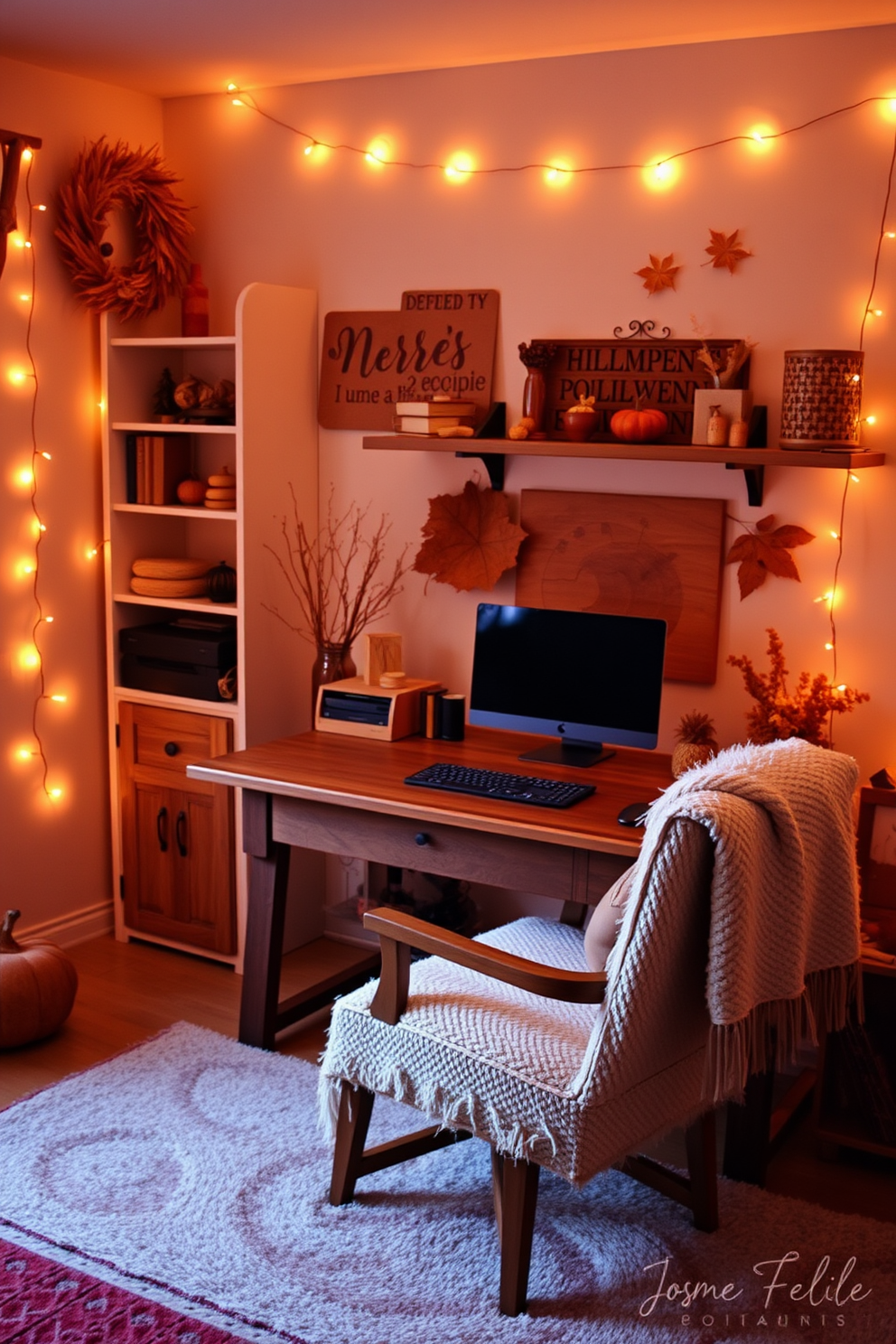 A cozy home office setting bathed in warm lighting, with soft string lights adorning the walls and shelves. A rustic wooden desk is positioned against a backdrop of deep orange and brown autumn-themed decor, complemented by a comfortable chair and a plush throw blanket.