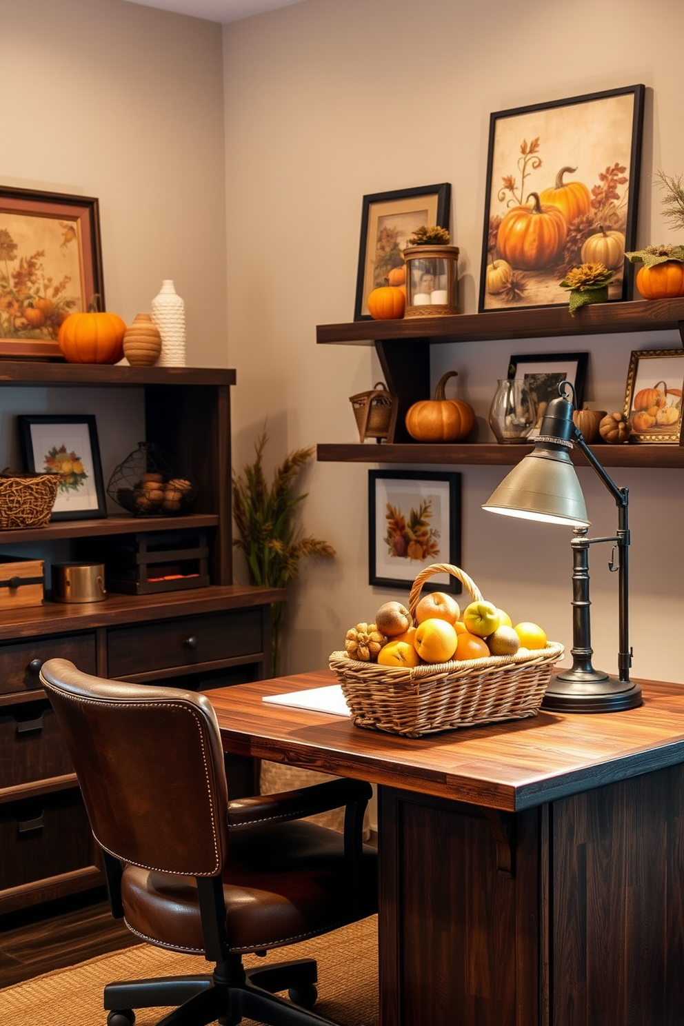 Harvest themed artwork adorns the walls creating a warm and inviting atmosphere. The office features a rustic wooden desk paired with a comfortable leather chair, surrounded by shelves filled with autumnal decor. Soft lighting from a vintage-style lamp casts a cozy glow over the space. A woven basket filled with seasonal fruits sits on the desk, adding a touch of nature to the home office.