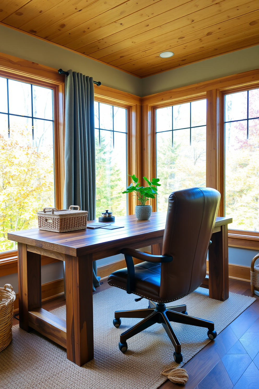 A cozy fall home office featuring natural wood elements throughout the space. The desk is made of reclaimed wood and is paired with a comfortable leather chair, creating a warm and inviting atmosphere. Large windows allow natural light to flood the room, highlighting the rich wood tones and the surrounding autumn foliage. Decorative touches include a woven basket for storage and a small potted plant on the desk, enhancing the seasonal theme.