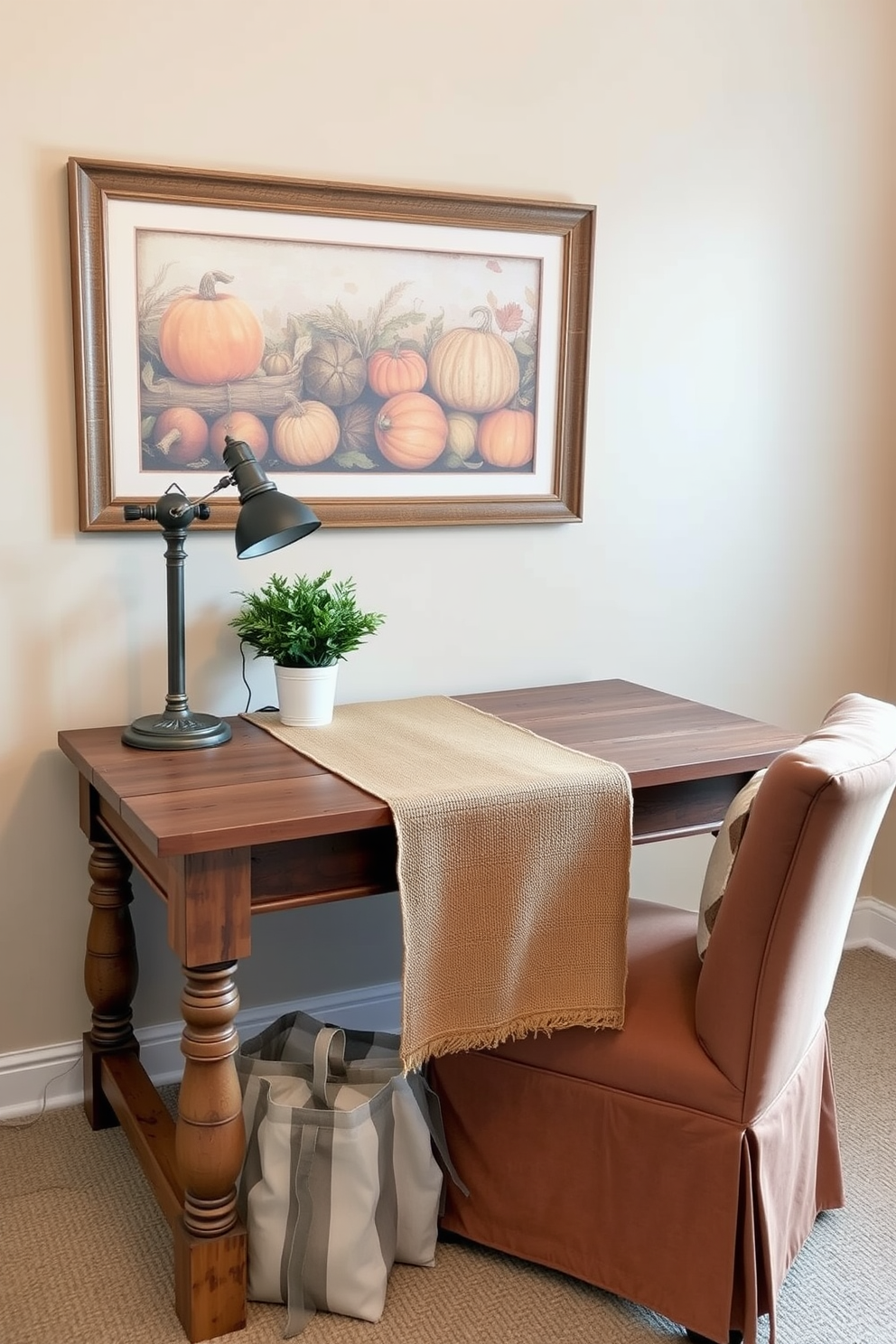 A cozy home office featuring a rustic wooden desk with a burlap table runner draped across its surface. The desk is adorned with a vintage lamp and a small potted plant, creating a warm and inviting atmosphere. The walls are painted in a soft beige tone, complemented by framed autumn-themed artwork. A comfortable chair upholstered in earthy tones sits beside the desk, enhancing the fall-inspired decor.