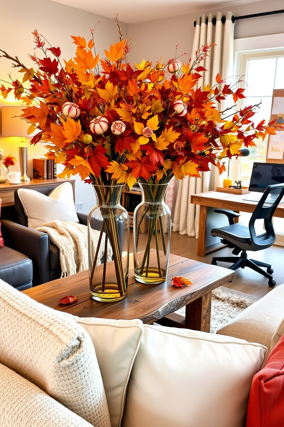 Colorful fall foliage arranged in elegant vases fills the room with warmth and vibrancy. The vases are placed on a rustic wooden table, surrounded by cozy throw blankets and soft cushions. The home office features a stylish desk made of reclaimed wood, complemented by a comfortable ergonomic chair. Warm lighting illuminates the space, enhancing the autumn-themed decor with touches of gold and deep orange accents.