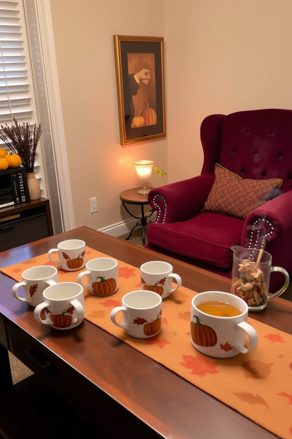 A cozy home office featuring seasonal mugs for coffee and tea. The desk is adorned with a warm autumn-themed table runner, and on the desk, there are various mugs showcasing fall designs like pumpkins and leaves. The walls are painted in a soft beige color, creating a warm atmosphere. A plush armchair in a rich burgundy hue sits in the corner, complemented by a small side table holding a steaming cup of tea.