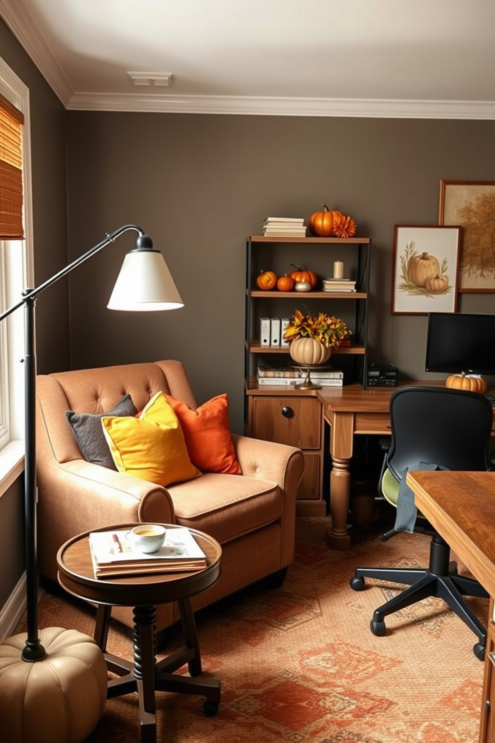 A cozy reading nook features a plush armchair adorned with soft cushions in warm autumn colors. A small wooden side table holds a steaming cup of tea and a stack of books, while a floor lamp casts a gentle glow over the space. The fall home office is designed with a rustic wooden desk and an ergonomic chair. Warm-toned decor, such as a pumpkin centerpiece and autumn-themed artwork, creates an inviting atmosphere for productivity.