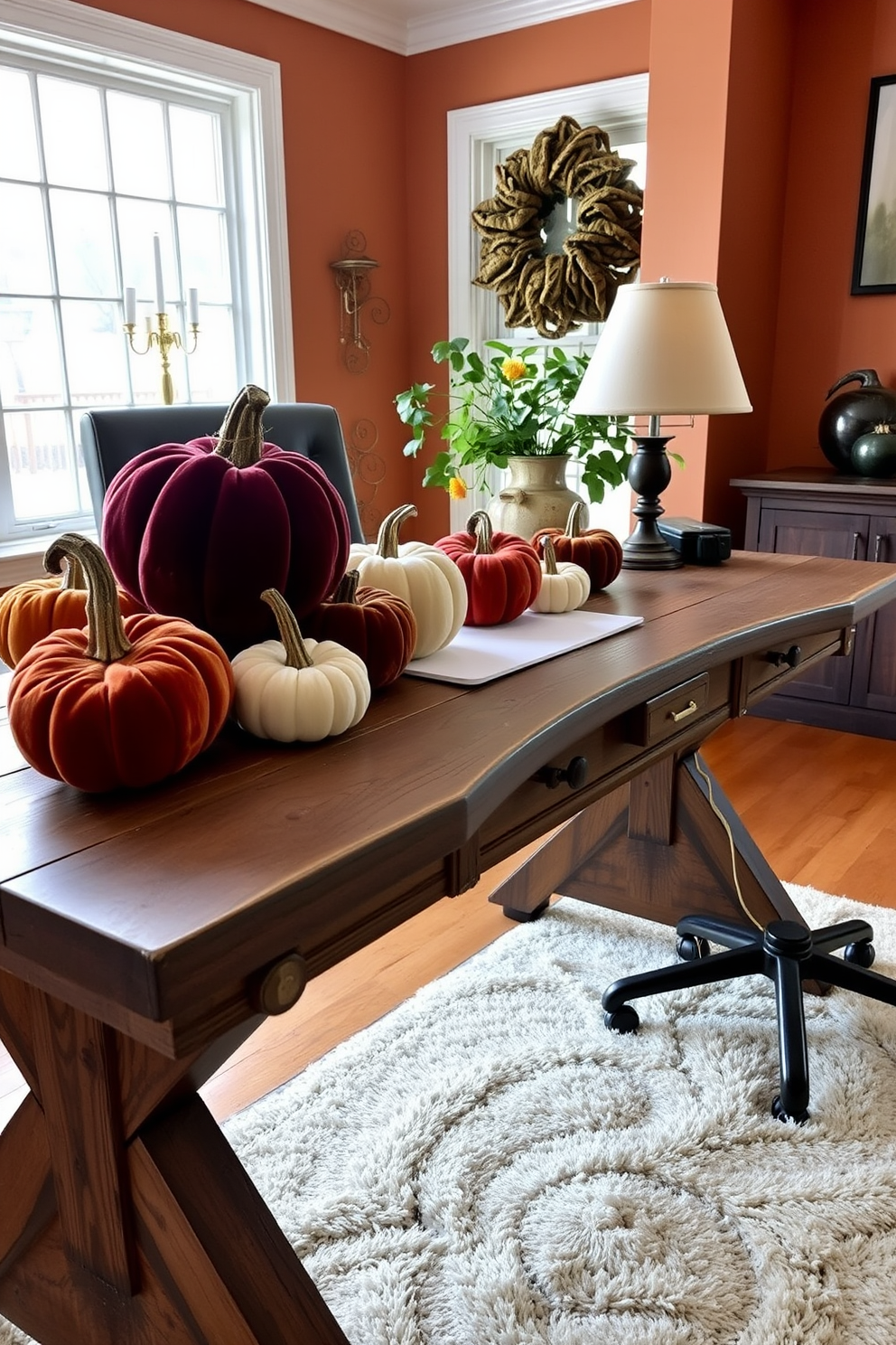 A cozy home office featuring a rustic wooden desk adorned with plush velvet pumpkins in various sizes and rich autumn colors. The backdrop includes warm-toned walls and a large window allowing natural light to illuminate the space, complemented by a soft area rug underneath.