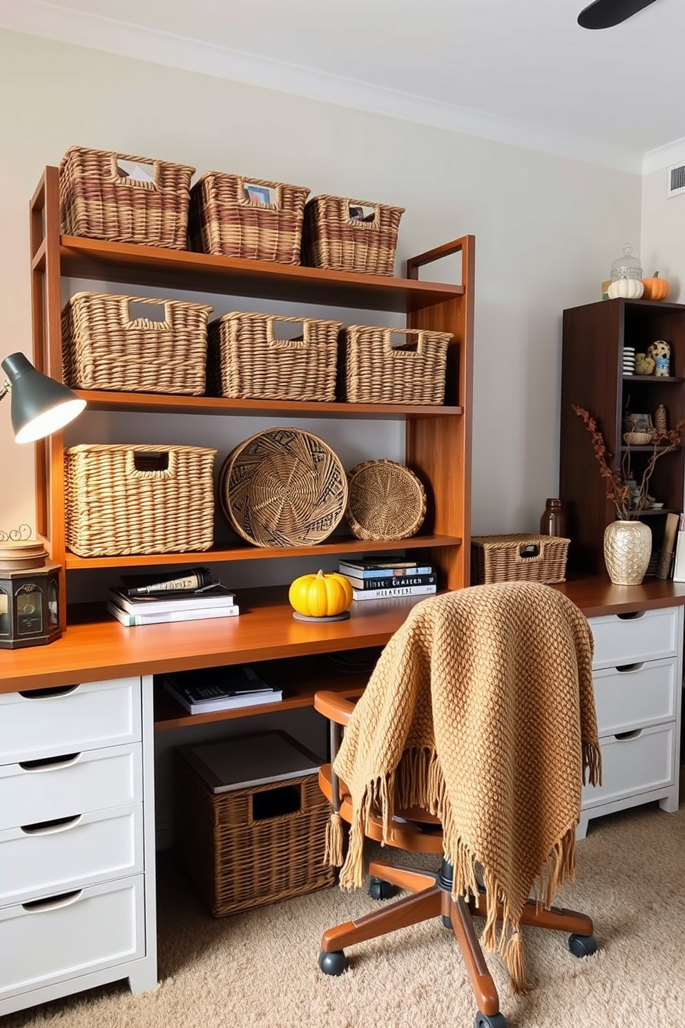 A cozy fall-inspired home office features decorative baskets neatly arranged on a wooden shelving unit. The baskets, made from natural fibers, add warmth and texture while providing stylish organization for books and supplies. The desk is adorned with autumn-themed decor, including a small pumpkin centerpiece and a knitted throw draped over the chair. Soft, ambient lighting creates an inviting atmosphere perfect for productivity during the crisp fall months.