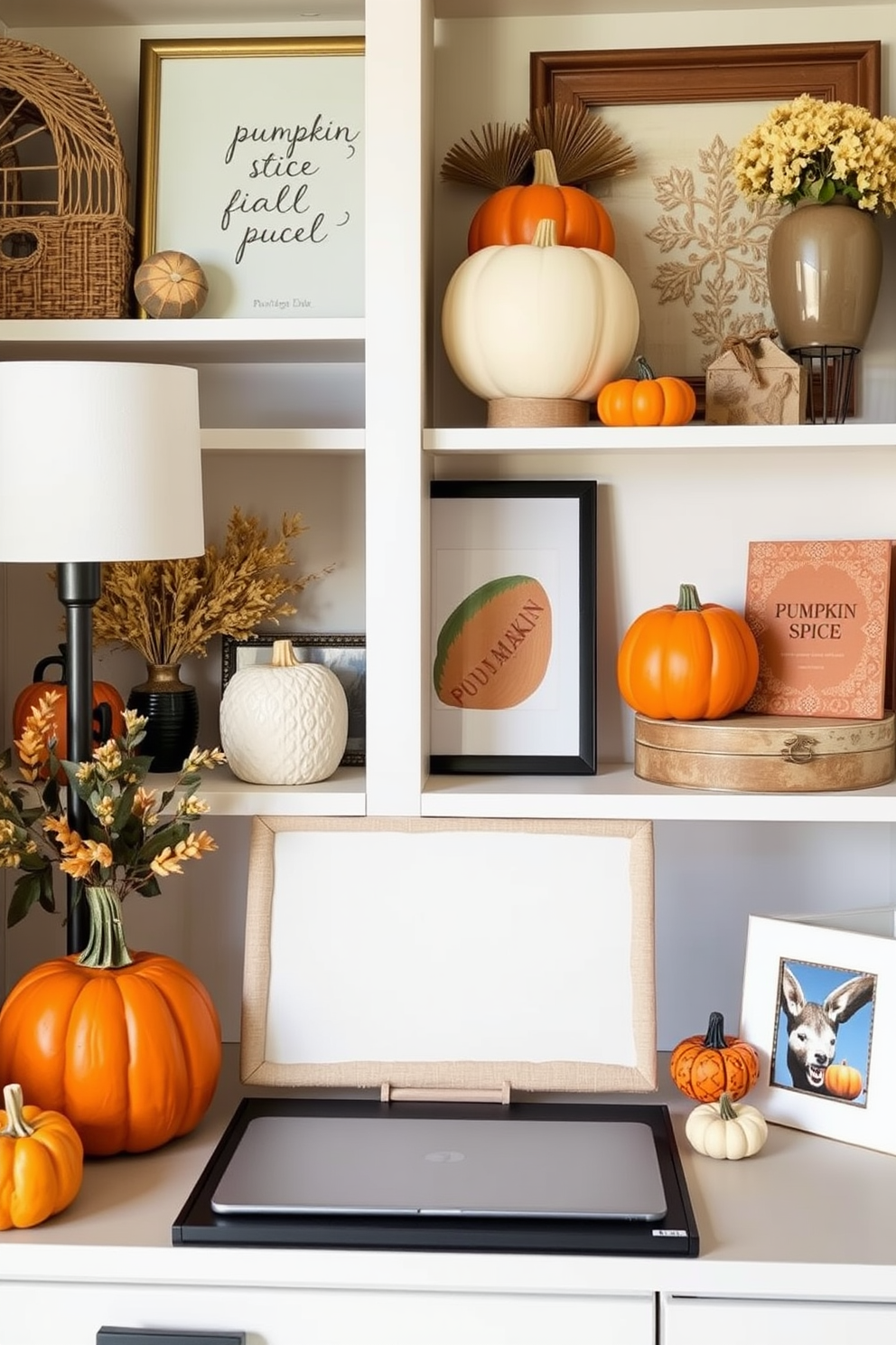 Cozy fall home office featuring pumpkin spice decor items on shelves. The warm tones of orange and brown create an inviting atmosphere, with decorative pumpkins and autumn-themed accents thoughtfully arranged.