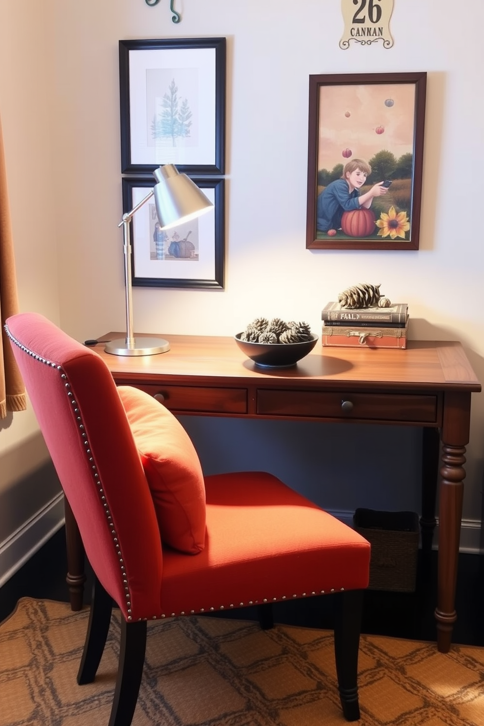 A cozy fall home office setting with warm tones and inviting textures. A wooden desk with a rich walnut finish is paired with a plush chair upholstered in deep orange fabric. On the desk, a sleek metallic lamp casts a warm glow, while a decorative bowl filled with pinecones adds a seasonal touch. The walls are adorned with framed autumn-themed artwork, and a soft area rug in earthy tones anchors the space.