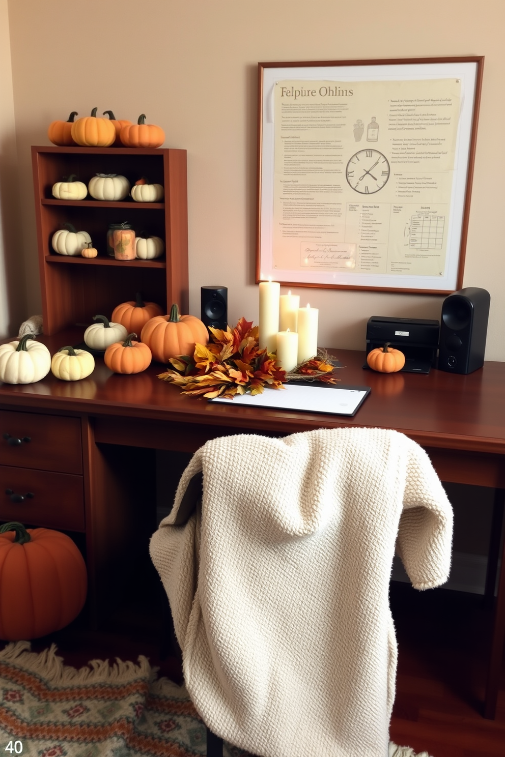 A cozy fall home office setting. The desk is adorned with fabric pumpkins in various sizes, creating a warm and inviting atmosphere. Soft, earthy tones dominate the decor, complemented by a plush throw blanket draped over the chair. A small arrangement of autumn leaves and candles adds a seasonal touch to the workspace.