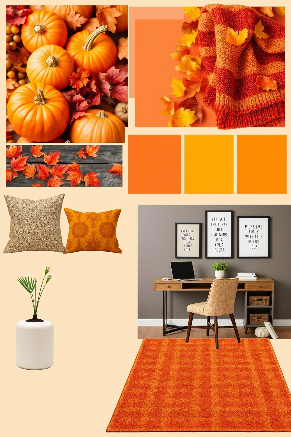 A cozy fall home office featuring rustic wooden shelves adorned with various decorative items. The shelves are filled with warm-toned books, small potted plants, and seasonal decor like mini pumpkins and candles.