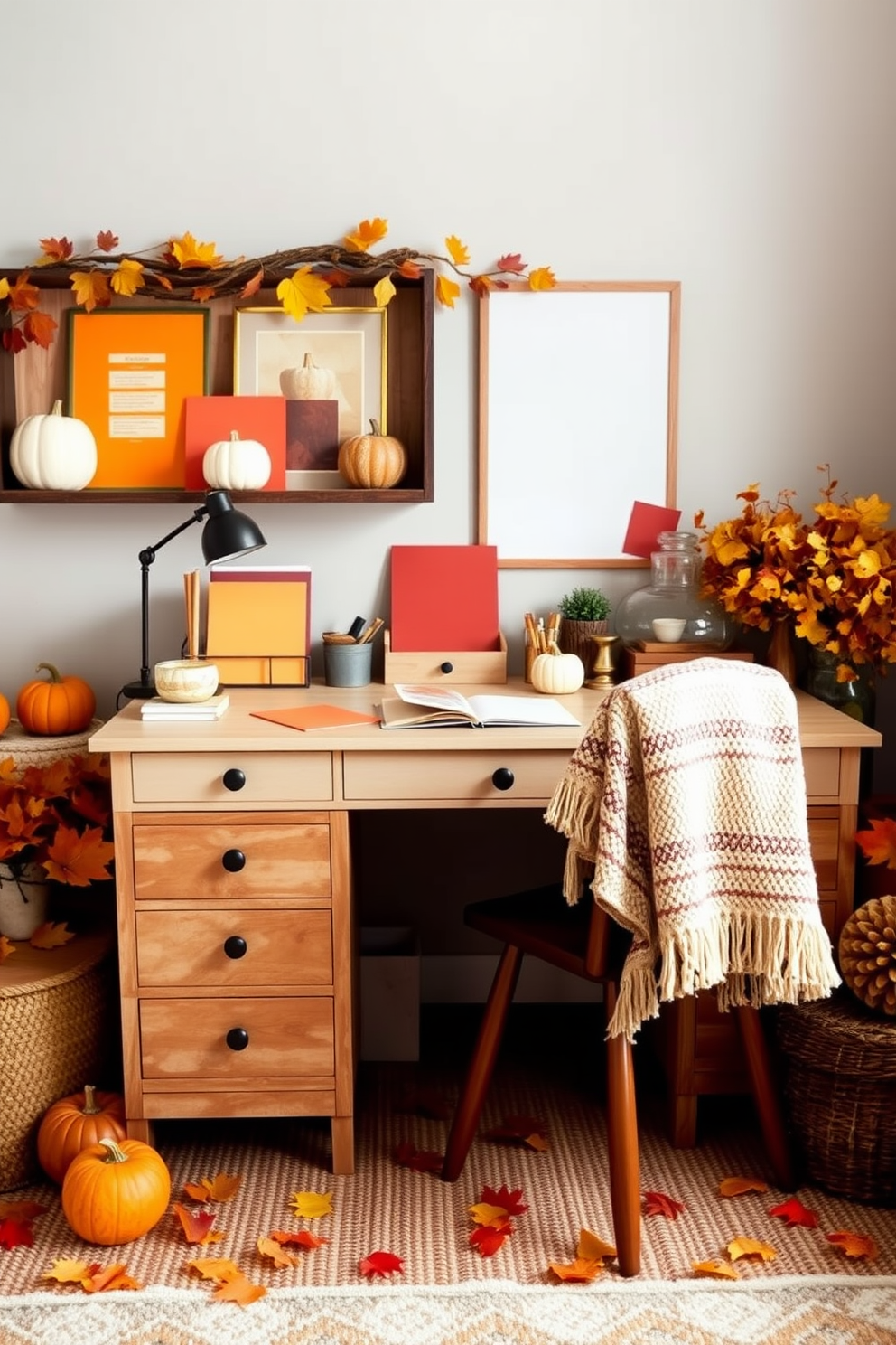 A cozy home office setting designed for fall. The desk is adorned with stationery in warm hues of orange, deep red, and golden yellow, complemented by a rustic wooden chair. Surrounding the workspace, decorative elements like pumpkins and autumn leaves add a seasonal touch. A soft, textured throw blanket drapes over the chair, inviting comfort during cooler days.