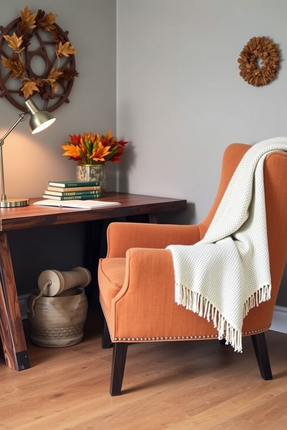 A cozy fall home office setting featuring a comfortable armchair upholstered in warm, earthy tones. The desk is made of reclaimed wood, adorned with a stylish desk lamp and a stack of books, while a soft throw blanket drapes over the chair for added warmth.