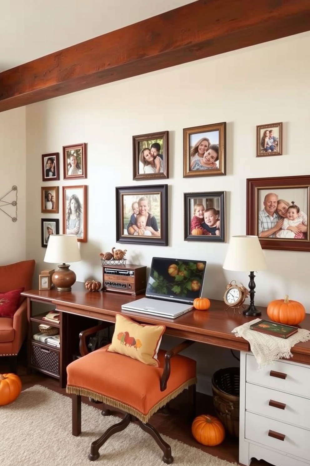 Cozy seasonal throw pillows adorn the sofa, featuring warm hues of orange, red, and gold. A textured knit blanket drapes over one arm, inviting comfort and warmth into the space. The home office is styled with autumn-themed decor, including a desk adorned with miniature pumpkins and a scented candle. A rich wooden desk paired with a plush chair creates an inviting workspace that reflects the essence of fall.