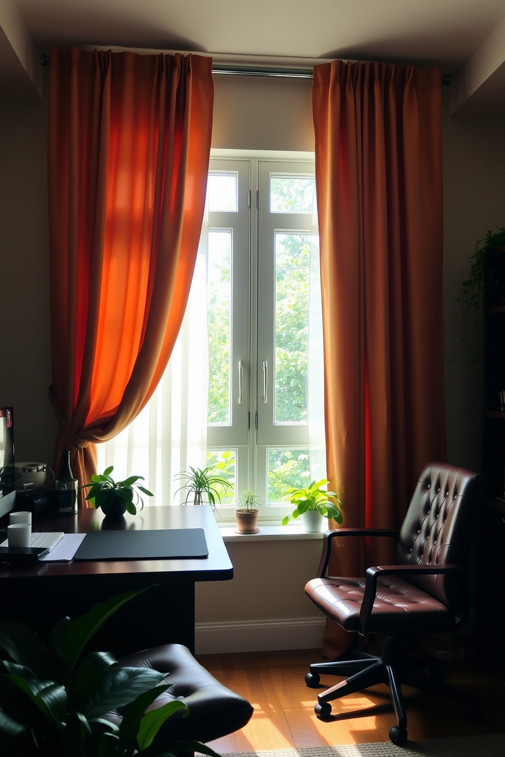 A cozy home office with warm colored curtains that gently frame the window, allowing soft natural light to filter in. The desk is made of dark wood, complemented by a comfortable leather chair, and a few potted plants add a touch of greenery to the space.