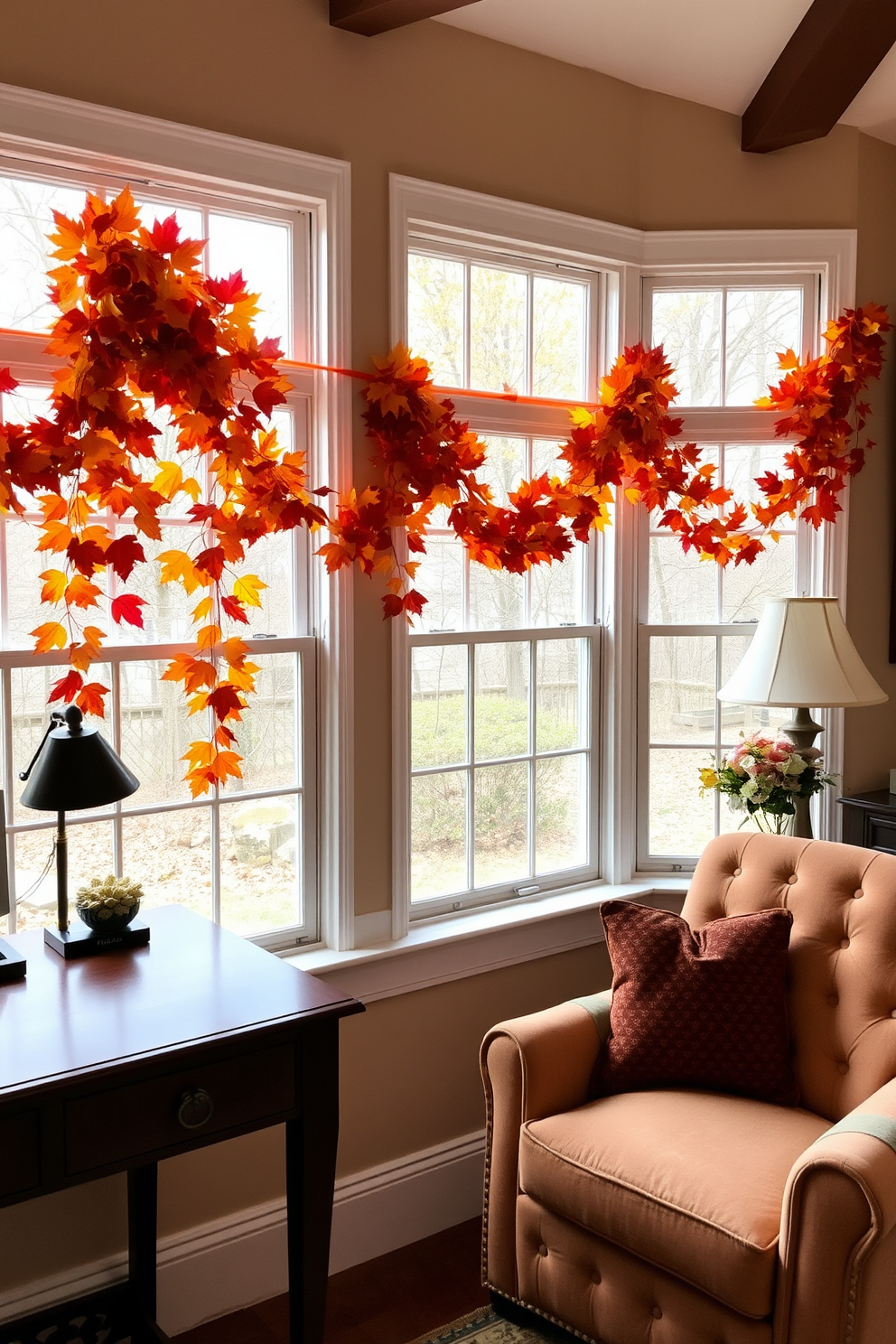 A cozy home office adorned with an autumn leaves garland draped elegantly around the windows. The warm hues of orange, yellow, and red create a welcoming atmosphere, complemented by a wooden desk and a plush armchair.