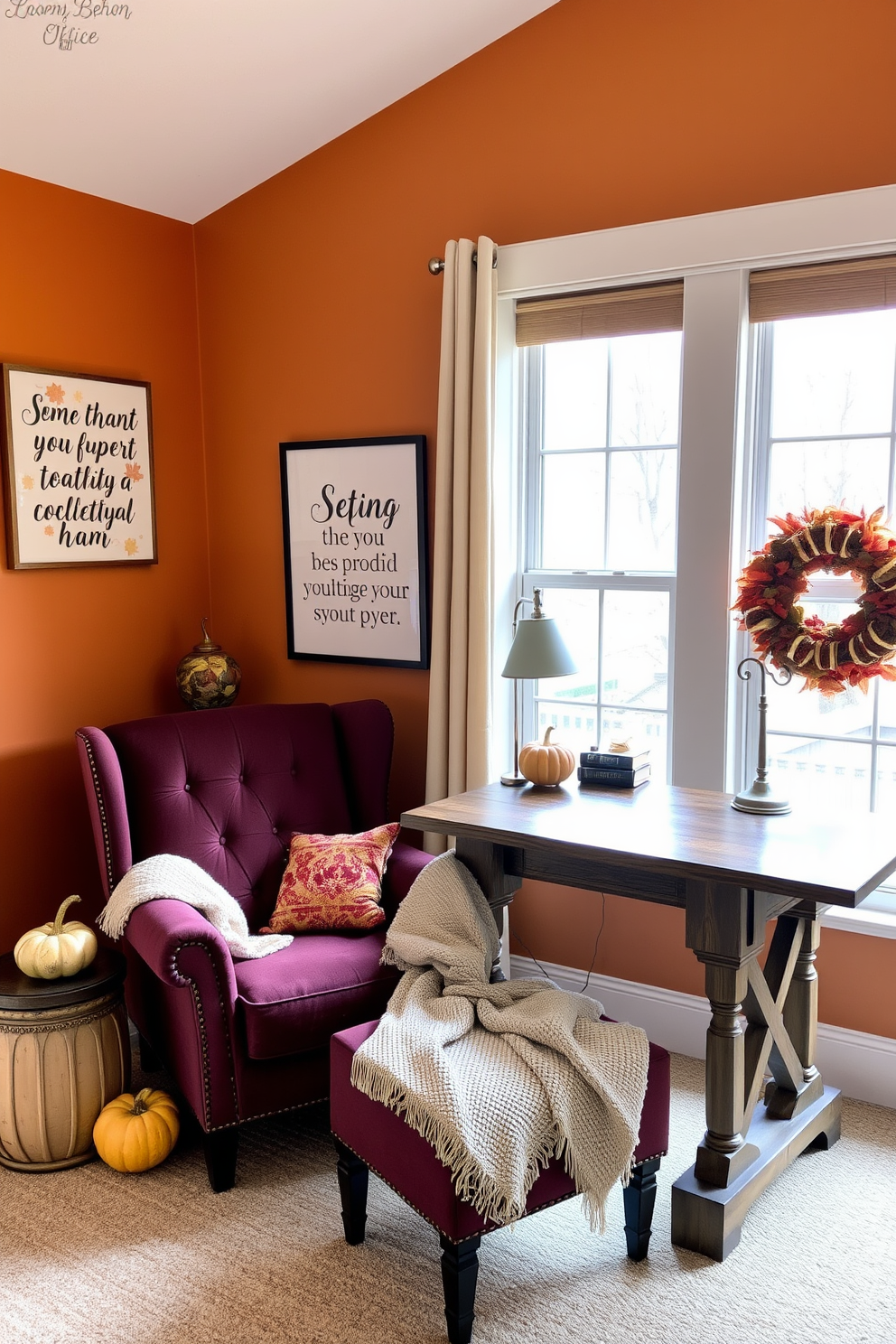 A cozy home office space adorned with candles in glass jars creating a warm ambiance. The desk is made of reclaimed wood and is complemented by a plush, oversized chair in a rich burgundy fabric. On the shelves, there are stacks of books and decorative items that reflect autumn colors. A soft throw blanket drapes over the chair, and a small potted plant sits beside the candles, enhancing the inviting atmosphere.