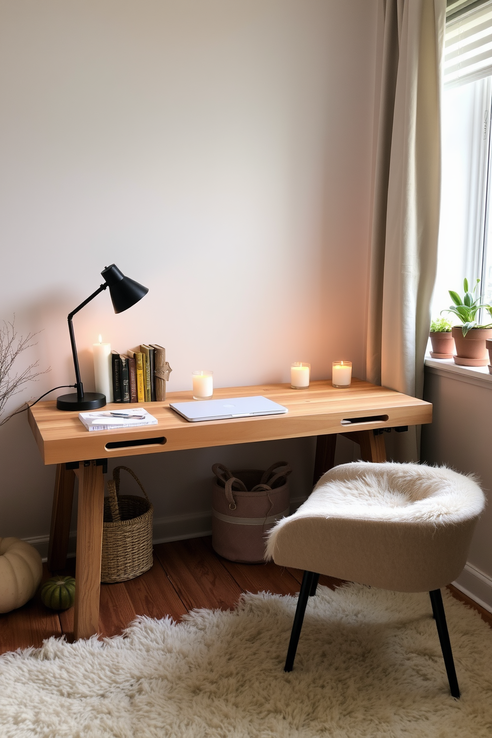 A cozy home office space filled with the warm aroma of cinnamon scented candles. The desk is made of reclaimed wood and is adorned with a stylish lamp and a few decorative books, creating an inviting atmosphere. Soft, earthy tones dominate the color palette, with a plush area rug underfoot adding comfort. A few potted plants are placed on the windowsill, bringing a touch of nature indoors and enhancing the fall aesthetic.