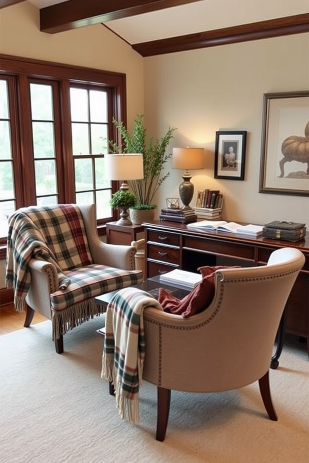 A cozy home office features a sturdy wooden desk adorned with rustic desk organizers crafted from reclaimed wood. The organizers hold an assortment of stationery, adding both functionality and charm to the workspace. Surrounding the desk, warm autumn hues are incorporated through decorative pillows and a soft throw blanket draped over a nearby chair. A small potted plant sits on the desk, bringing a touch of nature indoors to complete the fall-inspired decor.