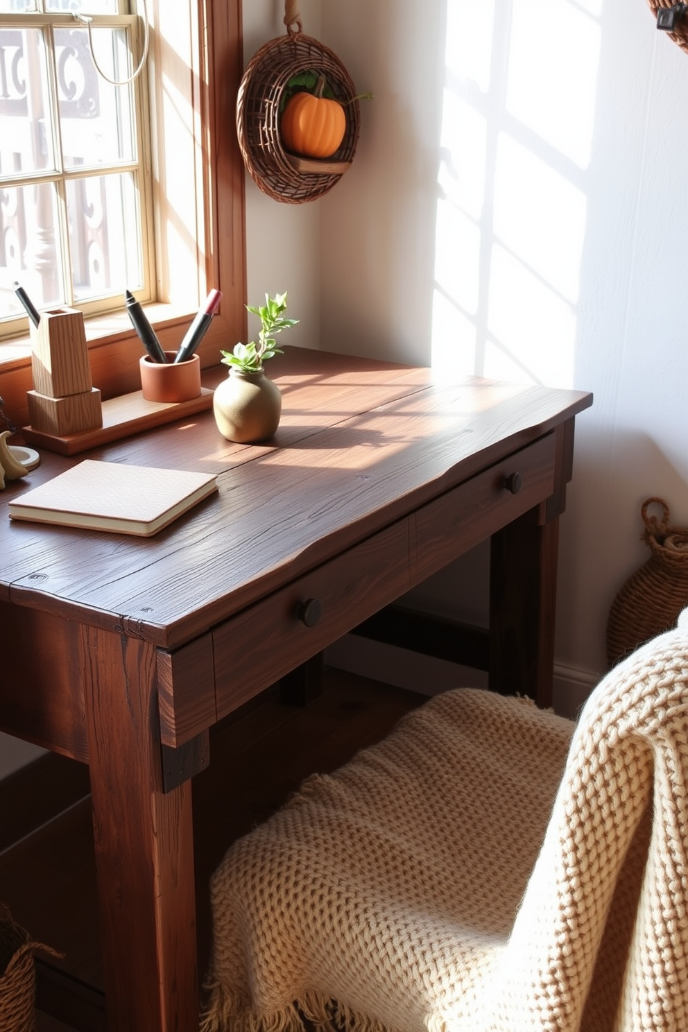 A rustic wooden desk is adorned with handcrafted accessories that evoke a warm and inviting atmosphere. The accessories include a wooden pen holder, a small plant in a clay pot, and a textured notebook, all arranged harmoniously on the desk surface. Natural light filters through a nearby window, casting soft shadows on the desk and highlighting the rich grains of the wood. Surrounding the desk, autumn-themed decor such as a woven basket filled with pinecones and a cozy throw blanket draped over a chair enhance the fall ambiance.