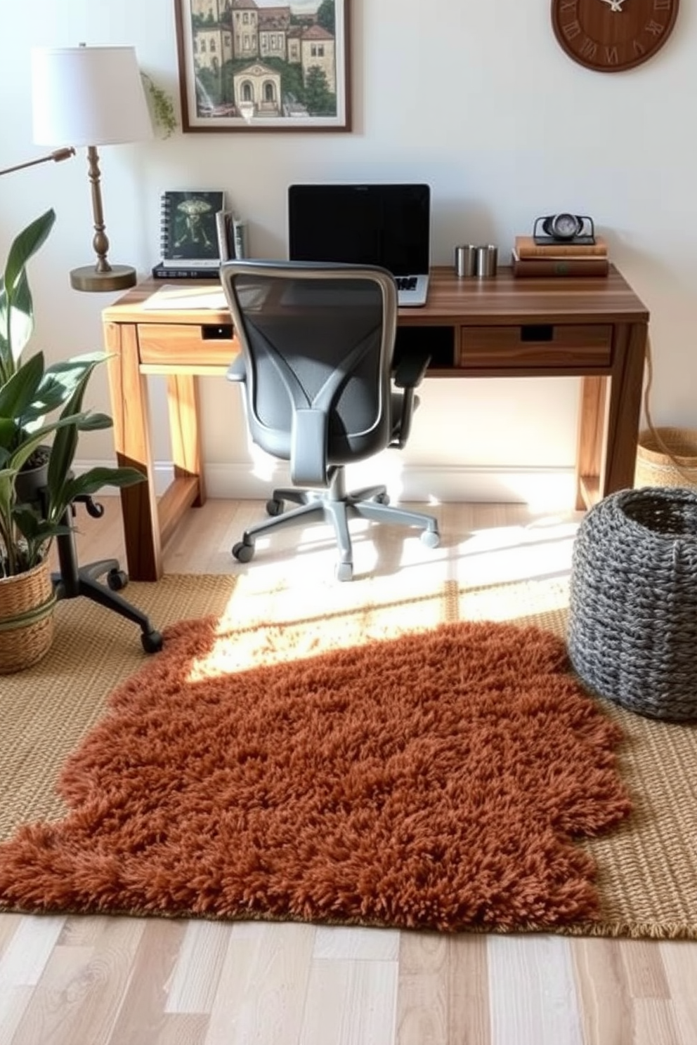 A cozy home office adorned with layered rugs for added comfort. The base layer is a large neutral jute rug topped with a smaller plush area rug in warm autumn tones. The desk is made of reclaimed wood, paired with a stylish ergonomic chair. Soft lighting from a vintage-style lamp creates a warm and inviting atmosphere.