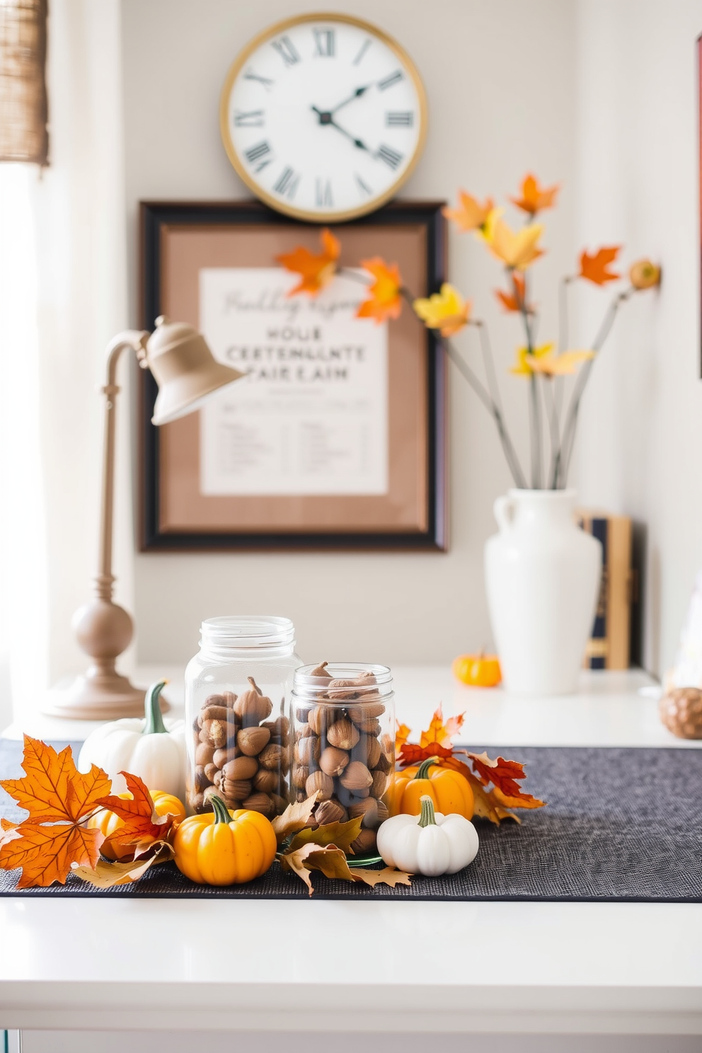 A cozy home office decorated for fall. The desk features mason jars filled with acorns, surrounded by warm-toned autumn leaves and small pumpkins.