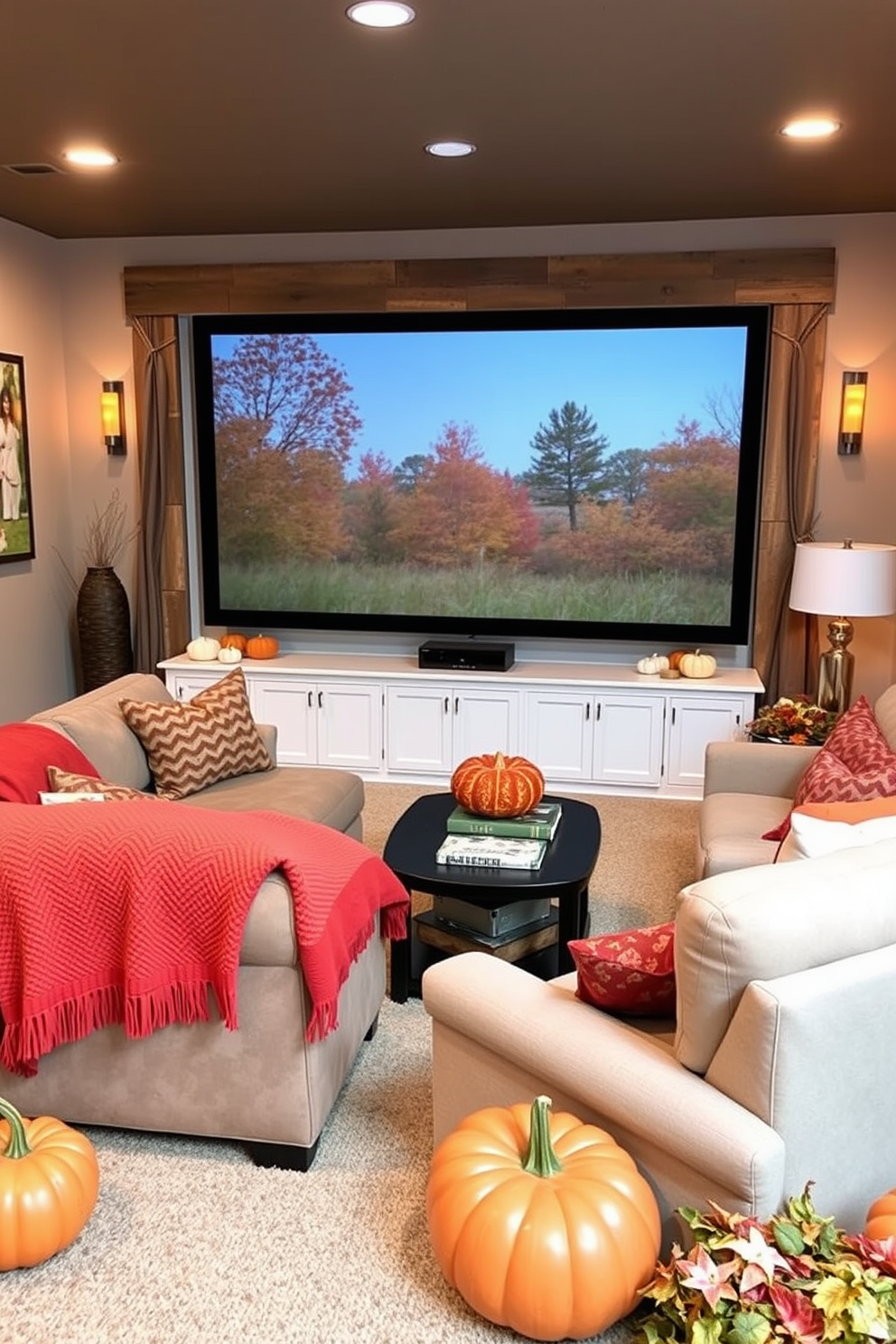 Cozy throw blankets in warm colors are draped over a plush sectional sofa, inviting relaxation. The walls are adorned with autumn-themed artwork, and soft ambient lighting creates a warm and inviting atmosphere. Fall Home Theater Decorating Ideas include a large screen framed by rustic wooden accents and comfortable seating arranged for optimal viewing. Decorative pumpkins and seasonal foliage are placed strategically around the room to enhance the cozy fall ambiance.