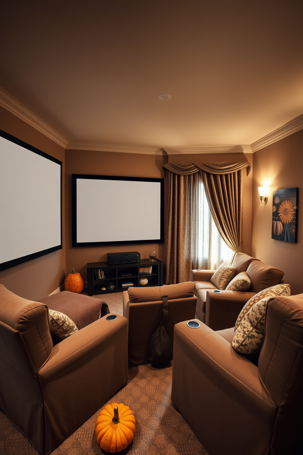 A cozy home theater adorned with decorative gourds scattered around the room. The walls are painted in a warm taupe, and plush seating is arranged for optimal viewing comfort. Soft lighting illuminates the space, creating an inviting atmosphere. A large screen is mounted on the wall, complemented by rich, textured curtains that frame the window.