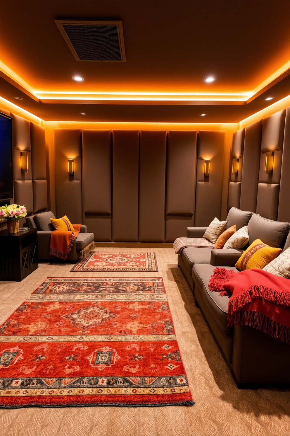 A cozy home theater adorned with dried leaves and branches in elegant vases. The warm lighting creates an inviting atmosphere, enhancing the rich textures of the furnishings.