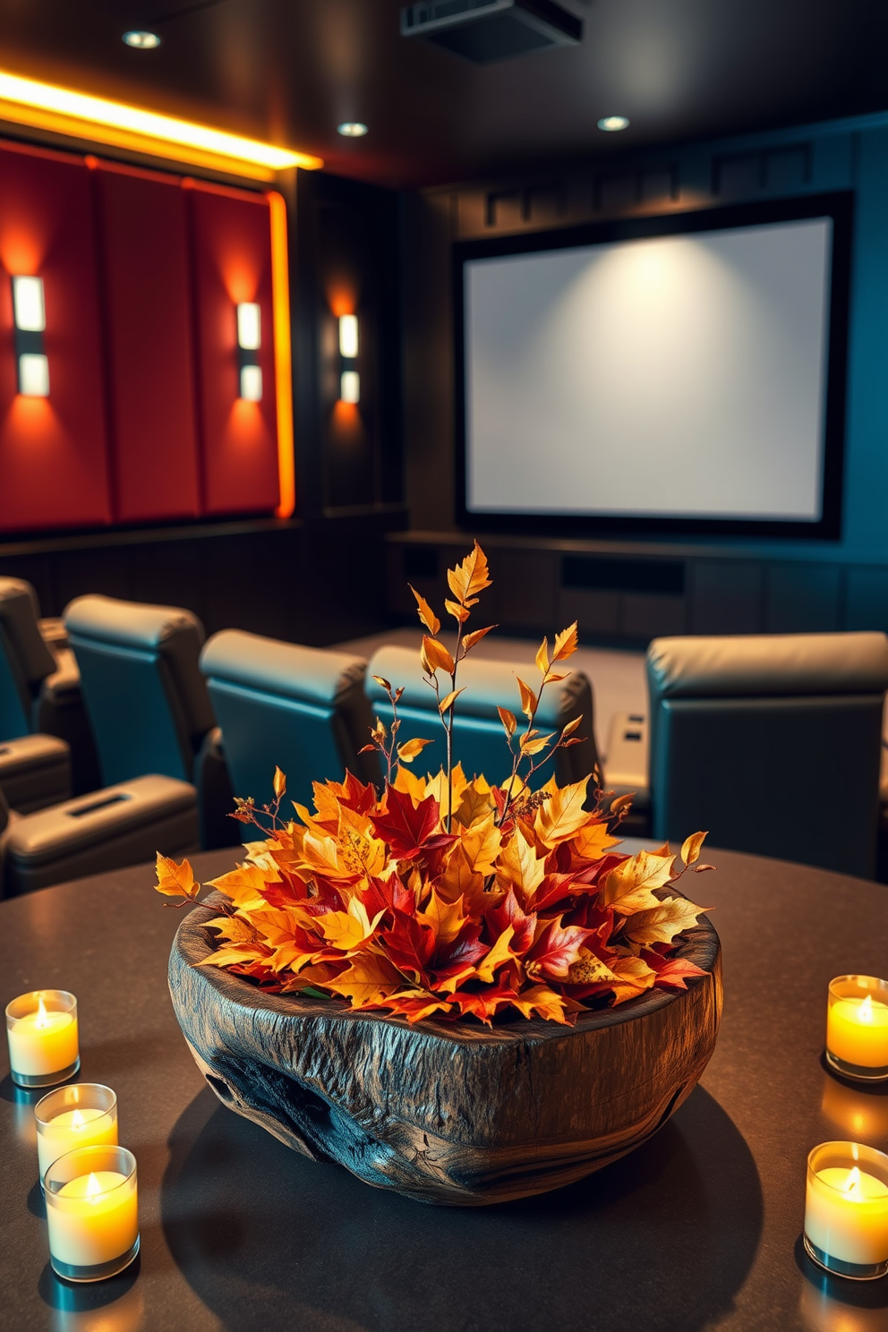 A stunning autumn-inspired table centerpiece featuring a mix of colorful leaves in shades of orange, red, and yellow arranged in a rustic wooden bowl. Surrounding the centerpiece are small candles in varying heights, casting a warm glow to enhance the cozy atmosphere. A modern home theater designed for comfort and style, featuring plush reclining seats with built-in cup holders and a large screen framed by dark wood paneling. Soft ambient lighting highlights the space, while soundproofing panels in rich colors ensure an immersive viewing experience.