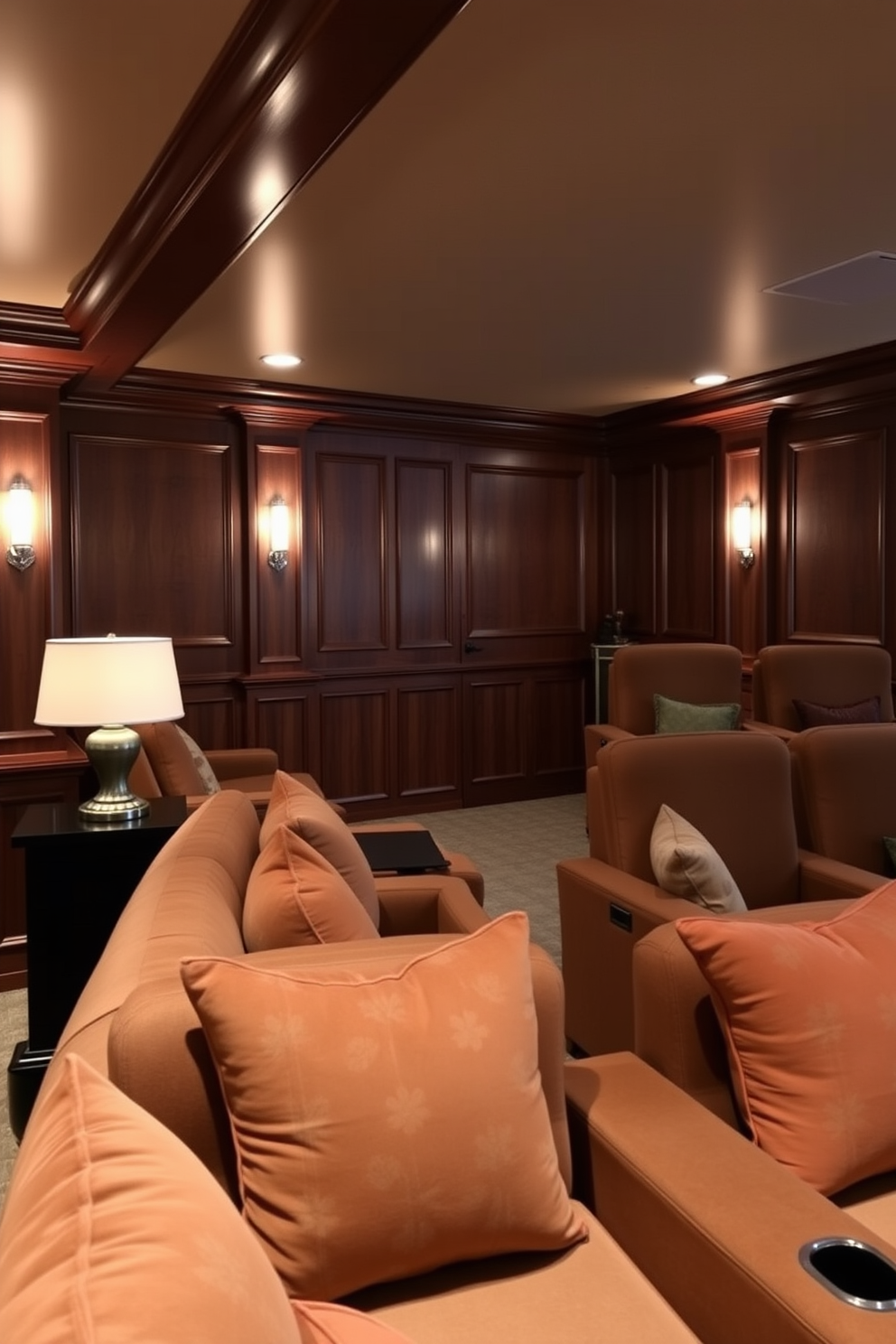 A cozy home theater featuring plush seating with soft cushions in warm autumn colors. The walls are adorned with rich wood paneling, and ambient lighting creates a welcoming atmosphere for movie nights.