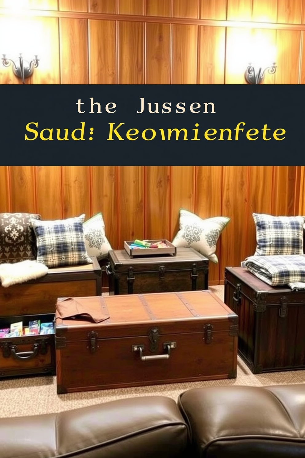 A cozy home theater setting featuring vintage trunks used for both storage and decoration. The trunks are placed strategically around the room, adding an eclectic touch while providing ample space for blankets and games. The walls are adorned with warm-toned wood paneling, creating a rustic ambiance. Soft lighting from stylish sconces illuminates the space, enhancing the inviting atmosphere perfect for autumn movie nights.