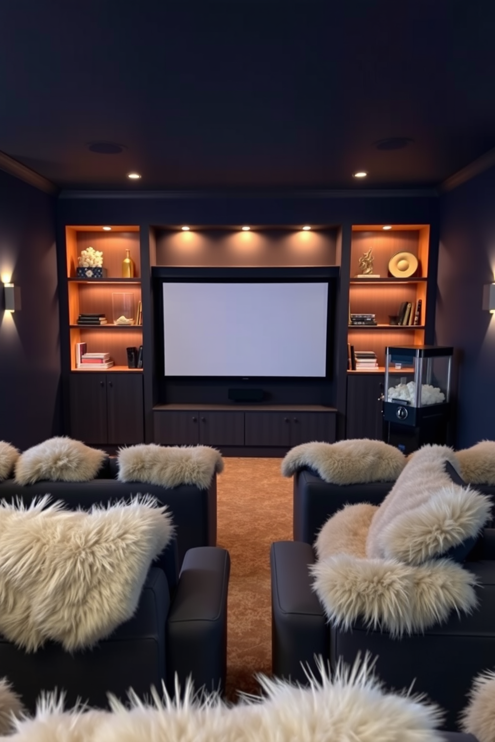 A cozy home theater adorned with colorful gourds and pumpkins as decor. The walls are painted in a warm autumn hue, and plush seating is arranged for optimal viewing comfort. Soft lighting creates a welcoming atmosphere, highlighting the vibrant colors of the gourds and pumpkins scattered throughout the space. A decorative throw blanket in fall colors drapes over the armrest, adding to the seasonal charm.