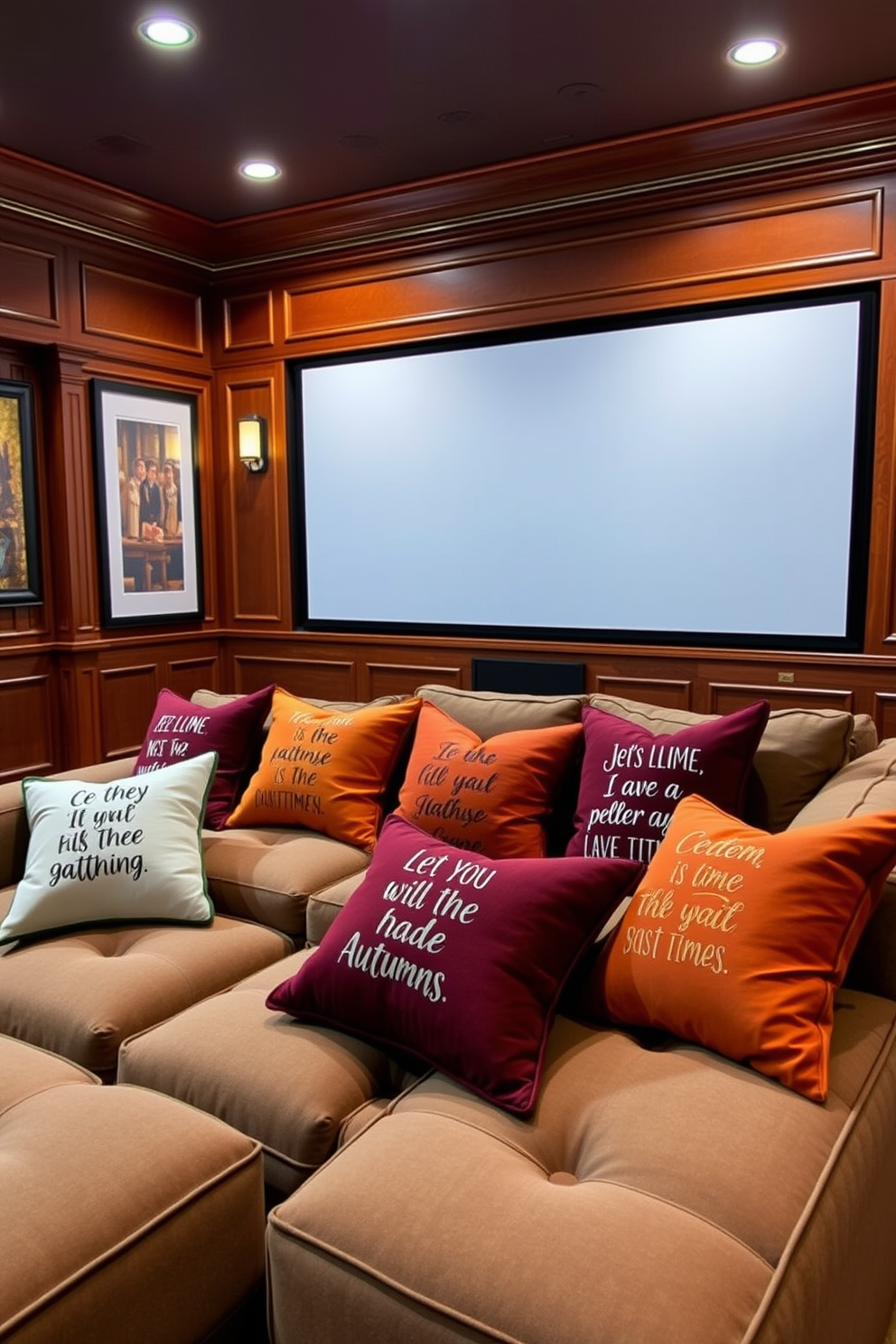 Seasonal throw pillows featuring inspirational quotes are scattered across a plush sectional sofa in a cozy home theater. The pillows showcase warm autumn colors like burnt orange and deep burgundy, adding a touch of seasonal charm to the space. The home theater is designed with rich wooden paneling and soft ambient lighting, creating an inviting atmosphere for movie nights. A large screen is mounted on the wall, surrounded by tasteful artwork that complements the fall theme.