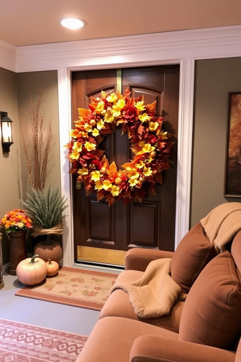 A beautiful front door adorned with a vibrant autumn wreath featuring rich oranges, deep reds, and golden yellows. The door is framed by seasonal decorations, including pumpkins and gourds, creating a warm welcome for guests. A cozy home theater space designed for fall enjoyment, featuring plush seating in warm tones and soft blankets. The walls are decorated with autumn-themed artwork, and the ambient lighting creates an inviting atmosphere perfect for movie nights.