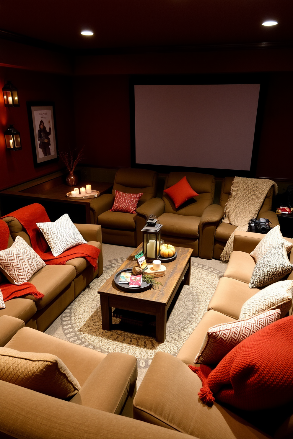 A cozy home theater featuring plush seating arranged for optimal viewing. Decorative lanterns are strategically placed around the room, casting a warm and inviting glow. Rich autumn colors adorn the walls, complemented by soft, textured throw blankets on the seats. A rustic wooden coffee table sits in the center, adorned with seasonal decorations and snacks for a perfect movie night.