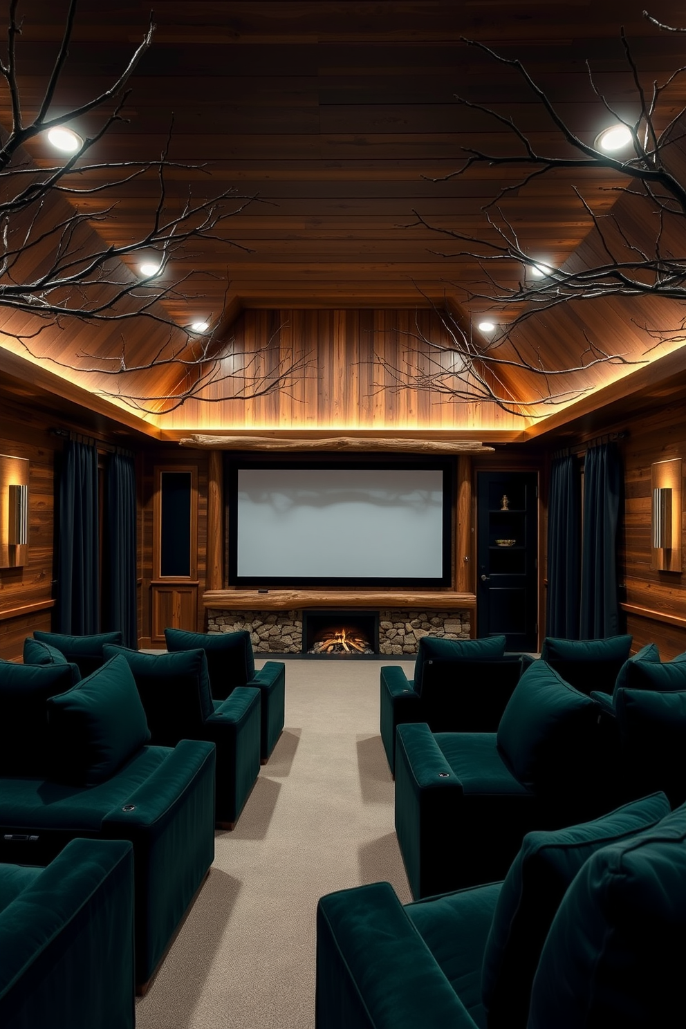 A cozy home theater featuring nature-inspired elements. The walls are adorned with wooden paneling, and branches are elegantly arranged along the ceiling, creating a warm and inviting atmosphere. Plush seating is arranged in a semi-circle, with deep green cushions that echo the colors of the forest. A large screen is framed by a rustic wooden mantel, while soft ambient lighting mimics the glow of a campfire.