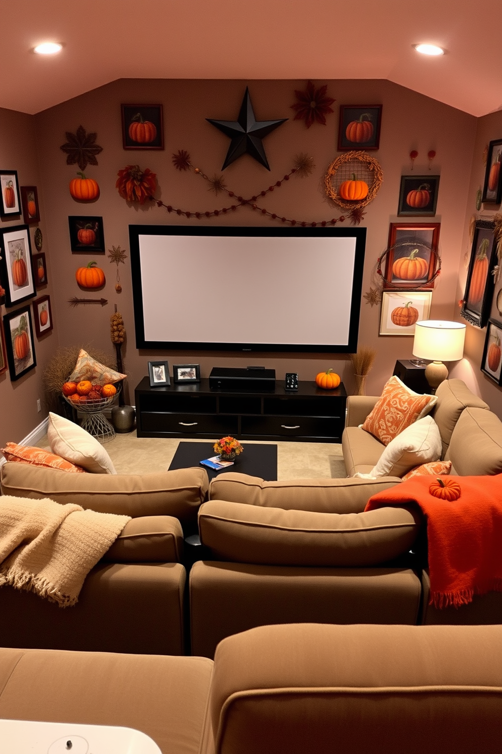 Pumpkin-themed cushions are arranged on a cozy sectional sofa, adding a warm and inviting touch to the living room. The cushions feature various shades of orange and intricate patterns, complementing the autumn decor. In the home theater, soft ambient lighting creates a cozy atmosphere for movie nights. Plush seating is adorned with fall-themed blankets and decorative pumpkins, enhancing the seasonal charm of the space.