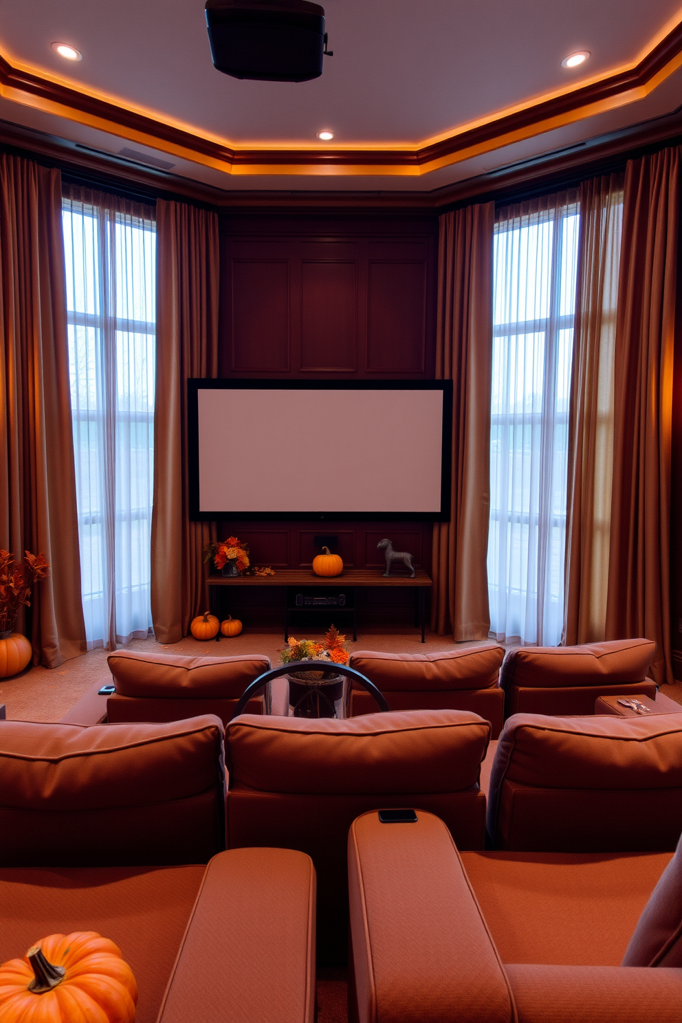 Warm toned curtains drape elegantly over large windows creating a cozy atmosphere in the home theater. The space features plush seating arranged for optimal viewing, with soft ambient lighting that invites relaxation. Decorative autumn-themed accents such as pumpkins and leaves are scattered throughout the room to celebrate the fall season. A large screen is the focal point, framed by rich wood paneling that complements the warm tones of the curtains.