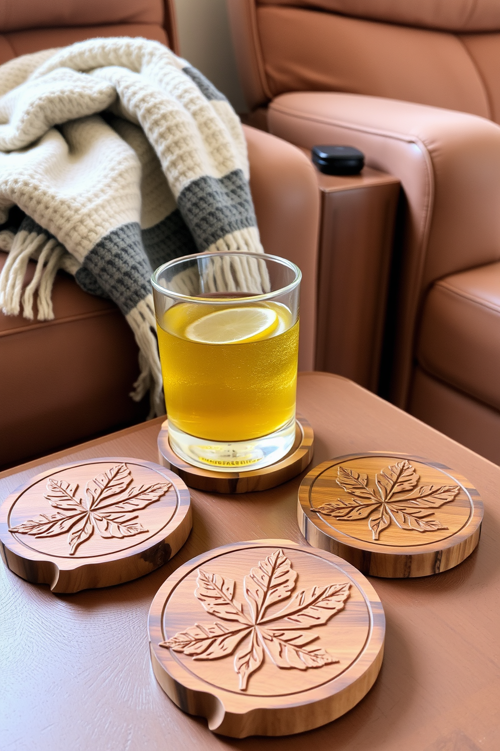 Fall themed coasters for drinks. The coasters are made of natural wood with intricate leaf patterns carved into them. Fall home theater decorating ideas. The space features plush, oversized seating with warm, earthy tones and a cozy throw blanket draped over the armrest.