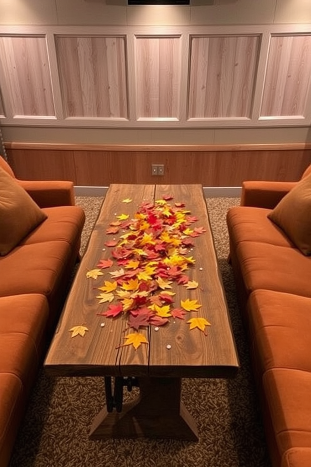 A cozy home theater setting adorned with colorful leaves scattered across a rustic wooden table. Plush seating in warm earth tones surrounds the space, creating an inviting atmosphere perfect for autumn movie nights.