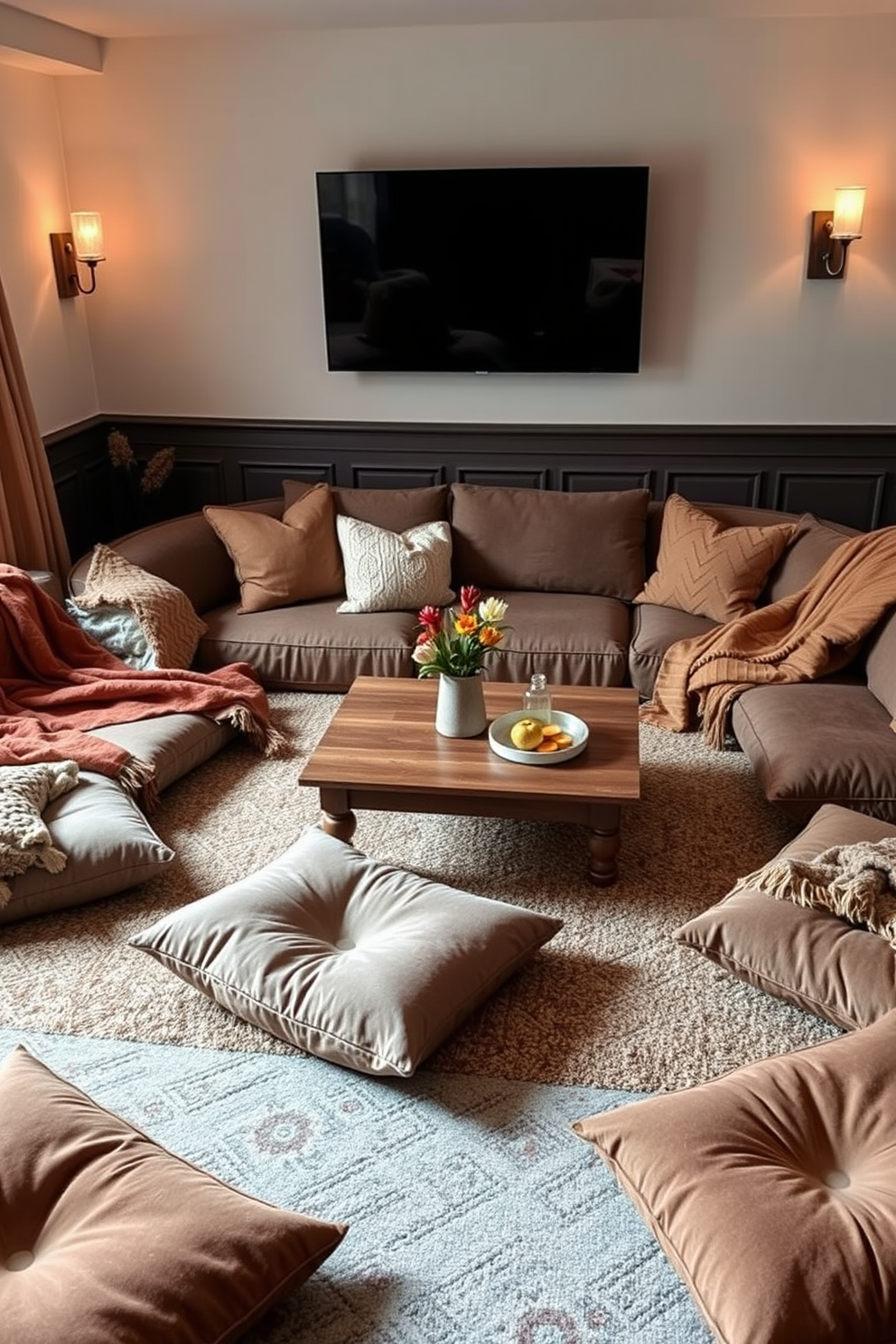 Comfortable floor cushions for lounging in a cozy living room setting. The cushions are arranged in a circle around a low wooden coffee table, with warm throws draped over them. Fall Home Theater Decorating Ideas that create a welcoming atmosphere. Soft lighting from stylish sconces complements the plush seating, and autumn-themed decor accents the space.