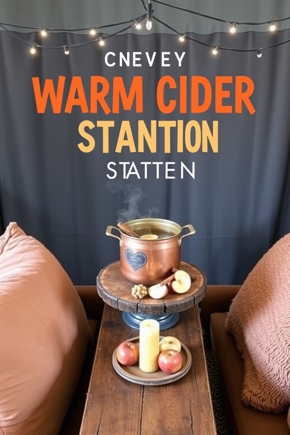 Create a cozy warm cider station designed for movie nights. The station features a rustic wooden table adorned with a copper pot filled with steaming cider, surrounded by cinnamon sticks and fresh apple slices. Flanking the table are plush, oversized pillows in autumnal colors, inviting guests to sit and enjoy. Soft, ambient lighting from string lights overhead creates a warm and inviting atmosphere, enhancing the fall home theater experience.