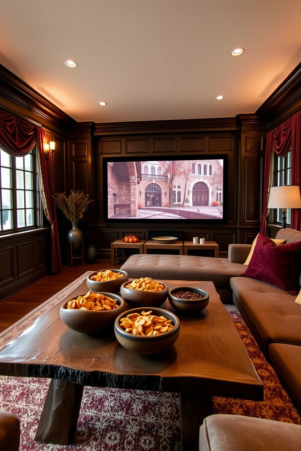 A cozy blanket basket sits in the corner of a warm living room. The basket is woven from natural fibers and filled with an assortment of soft, textured blankets in autumn colors. The home theater features plush seating arranged for optimal viewing. Warm lighting creates an inviting atmosphere, complemented by decorative pumpkins and fall-themed accents throughout the space.