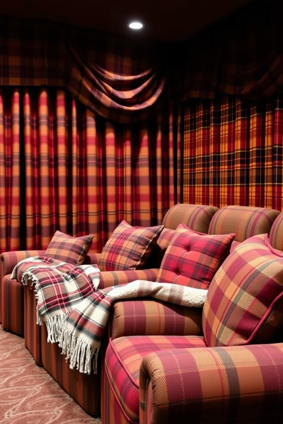 A cozy home theater adorned with rich plaid fabrics in warm autumn hues. The walls are draped in a large plaid fabric that combines deep reds, oranges, and browns, creating a welcoming atmosphere. Plush plaid upholstered seating invites relaxation, with oversized cushions in coordinating patterns. A soft plaid throw is casually draped over a corner chair, adding an extra layer of comfort and style.