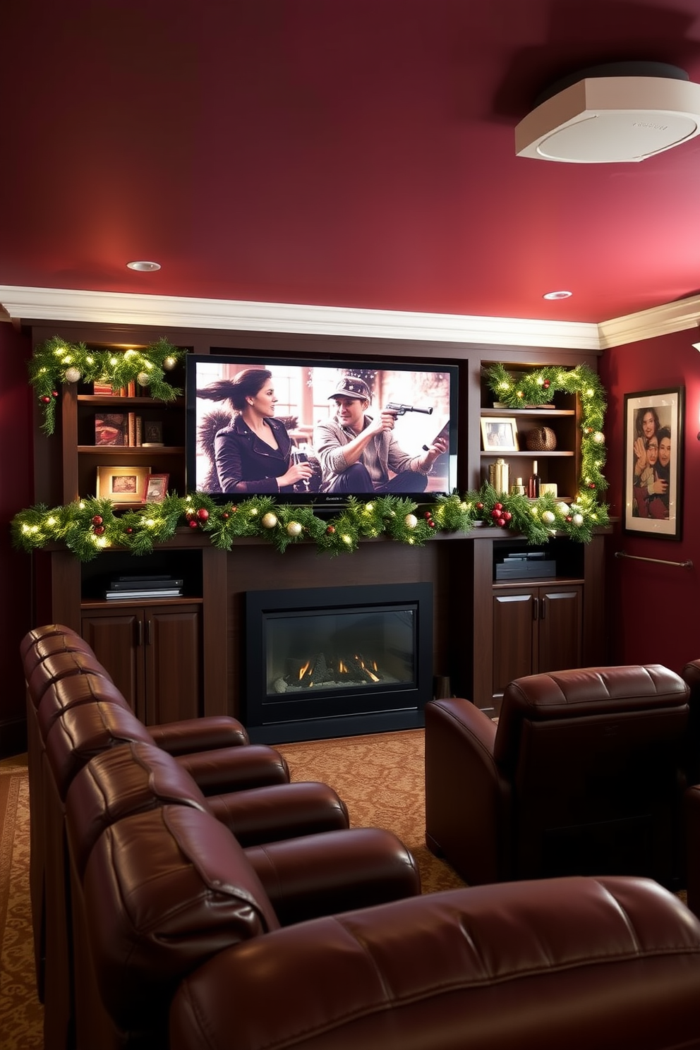 A cozy home theater adorned with seasonal garlands draped across the shelves. The walls are painted in a deep burgundy, complemented by plush seating in rich brown leather.