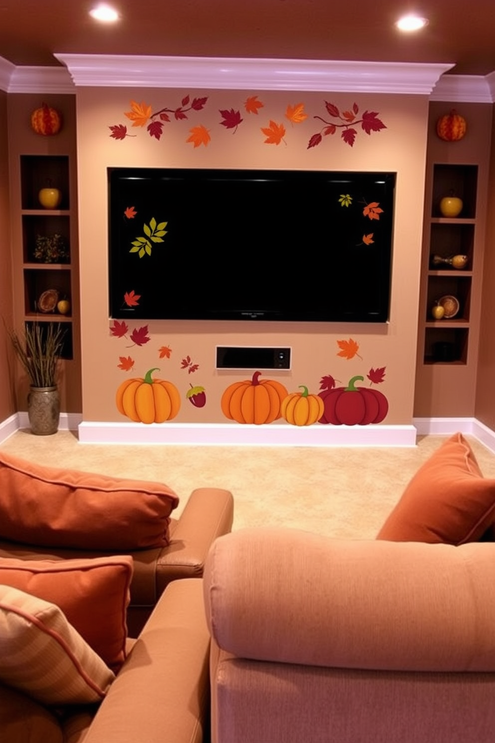 A cozy home theater featuring comfortable seating with plush materials. The walls are painted a deep navy blue, and soft ambient lighting creates a welcoming atmosphere. In the center, a large sectional sofa is adorned with oversized cushions and a chunky knit throw. A stylish coffee table made of reclaimed wood sits in front, surrounded by accent chairs that invite relaxation.