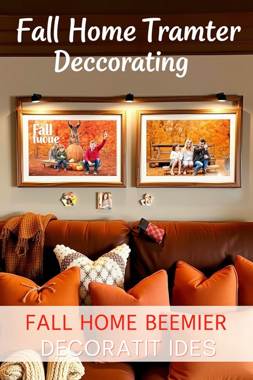 Framed family photos with fall themes. The images showcase vibrant autumn leaves and cozy family gatherings, arranged in rustic wooden frames that complement the warm tones of the season. Fall Home Theater Decorating Ideas. Plush seating in deep oranges and browns creates a welcoming atmosphere, while soft throw blankets and decorative pillows add comfort and seasonal flair.