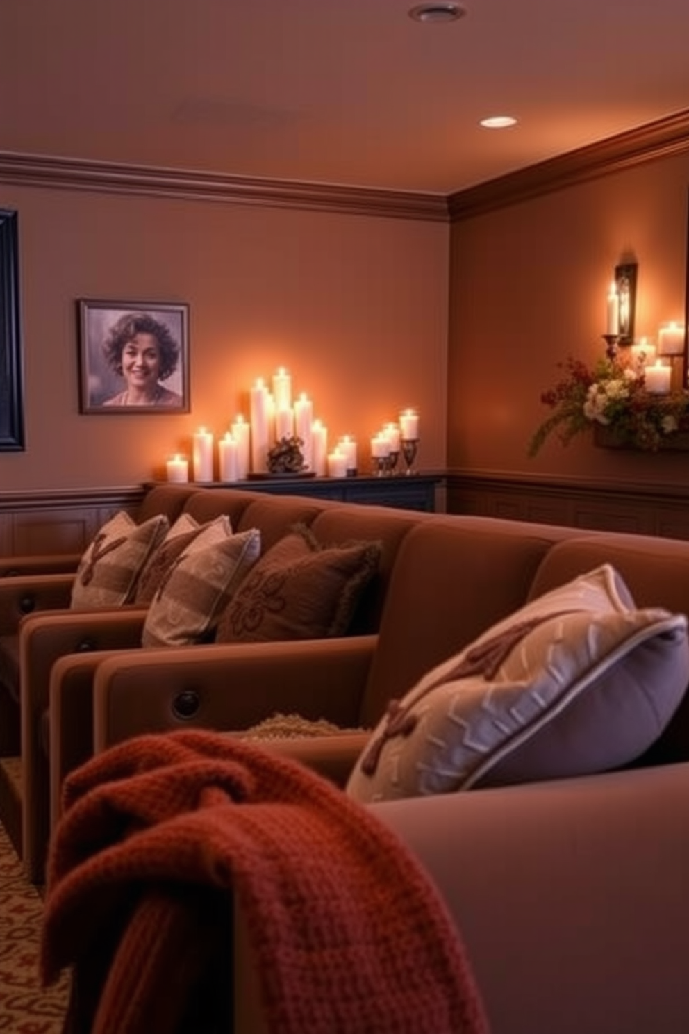 Candlelit ambiance with scented candles creates a warm and inviting atmosphere. Soft flickering lights reflect off the walls, enhancing the cozy feel of the space. Fall Home Theater Decorating Ideas feature rich, warm colors and plush seating. Decorative throw blankets and seasonal accents add comfort and style to the viewing experience.