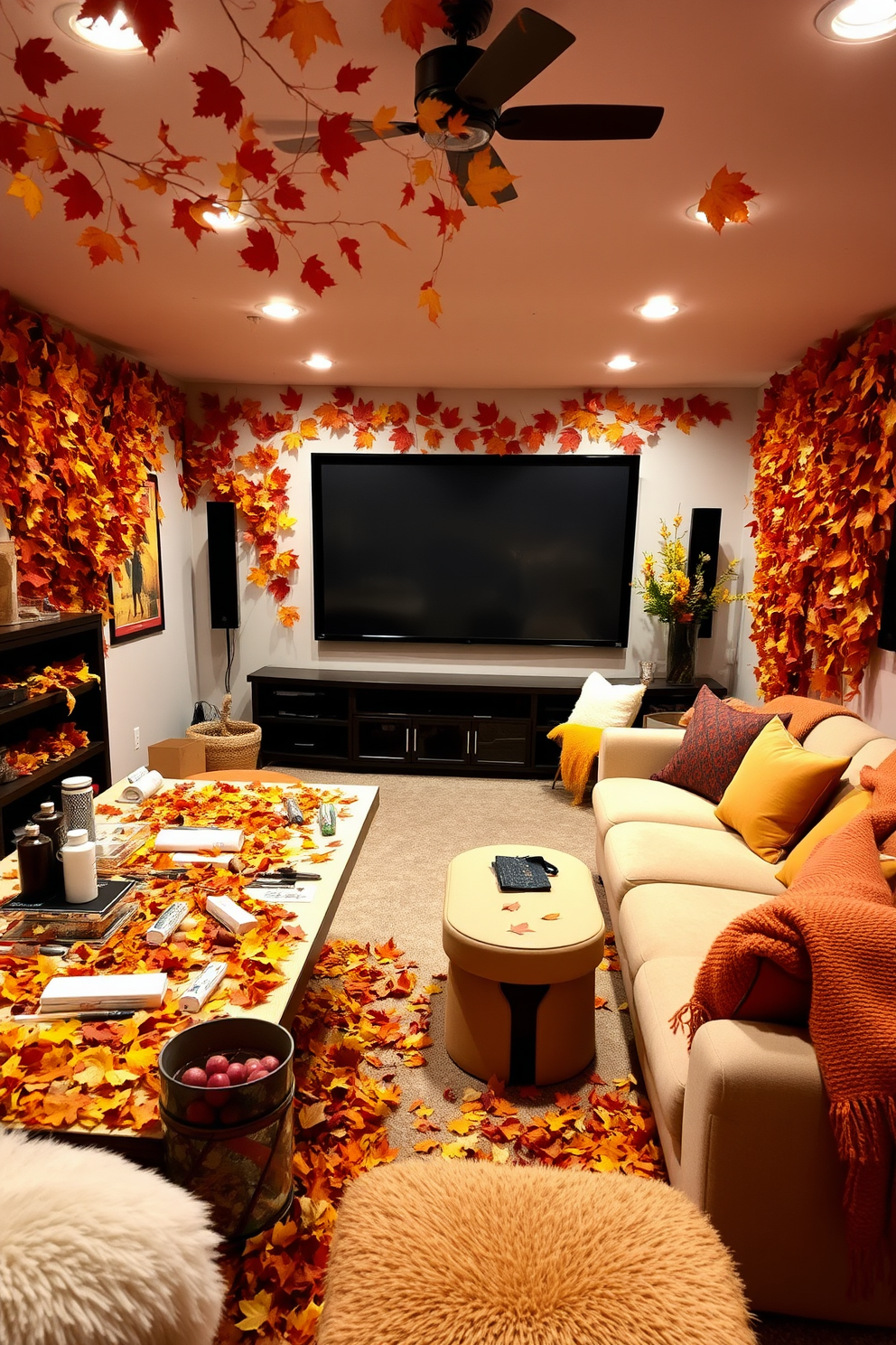 A cozy DIY craft area adorned with vibrant fall foliage. Tables are covered with leaves in shades of orange, red, and yellow, with various crafting supplies scattered around. A stylish home theater designed for autumn gatherings. Plush seating is arranged around a large screen, with warm-toned throws and cushions that evoke the colors of fall.