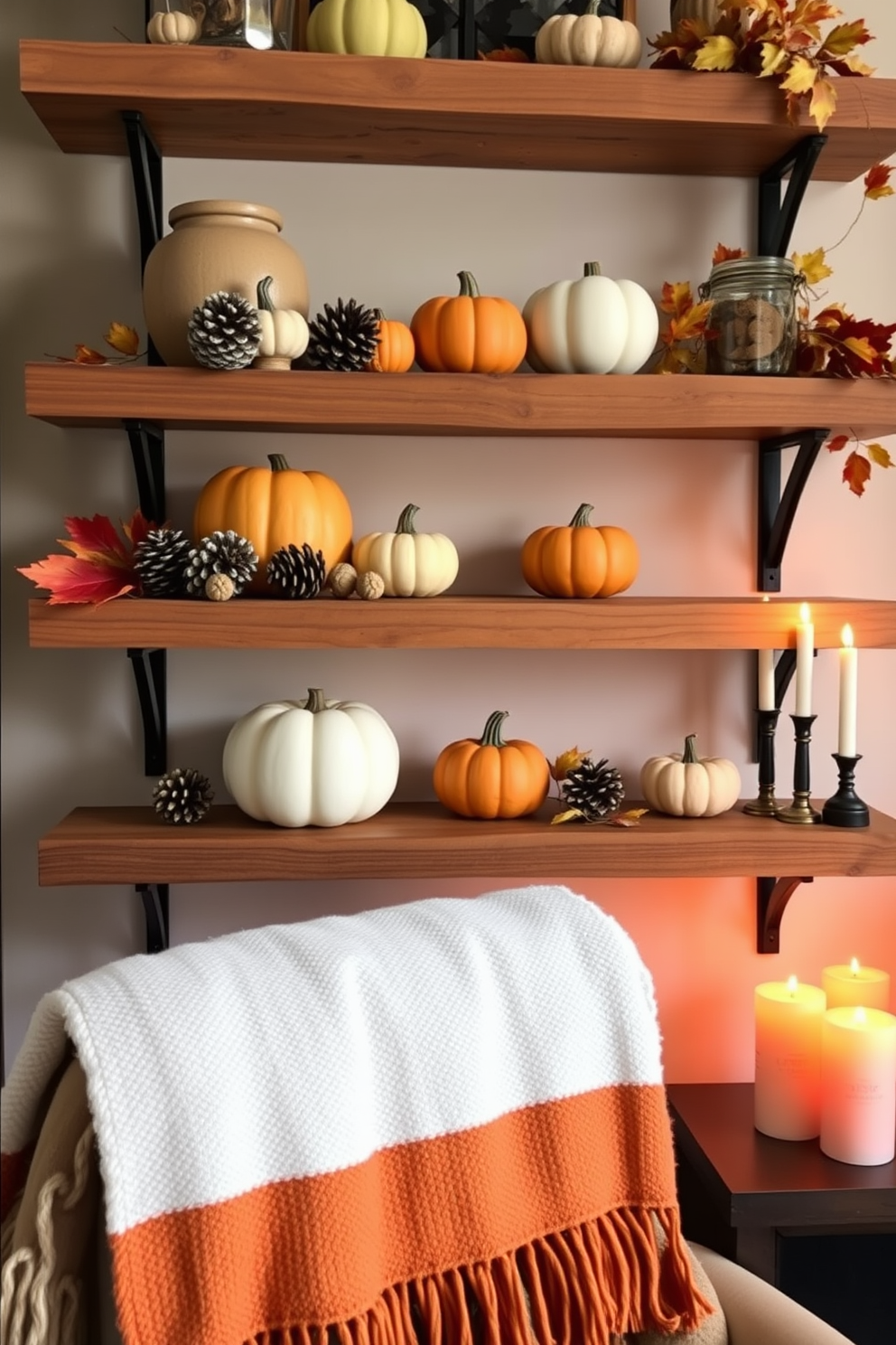 Rustic wooden shelves are adorned with various autumn accents including small pumpkins, pinecones, and colorful leaves. A cozy throw blanket is draped over the edge, while warm candlelight flickers nearby, creating an inviting atmosphere for a home theater experience.